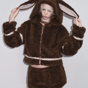 Brown Fuzzy Bunny Hoodie and Skirt Set